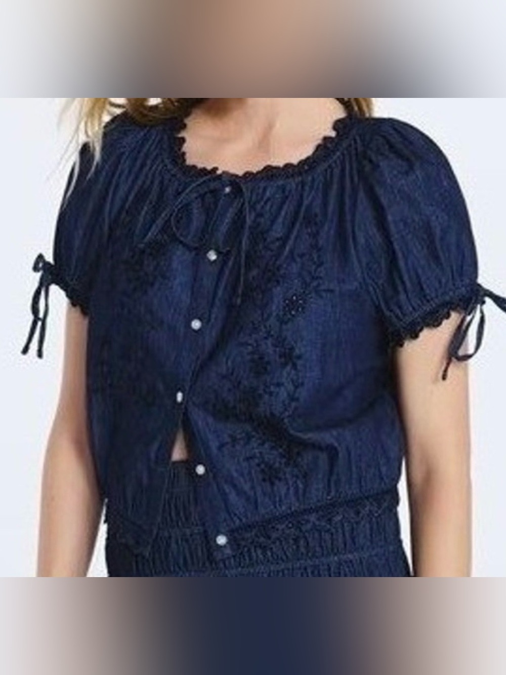 Free Assembly Embroidered Dark Wash Denim, Short Puff Sleeves Cropped Top-Small - Picture 5 of 6
